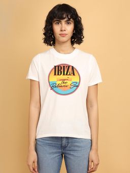 Wrangler - Women Printed White Crew Neck Regular Fit T-Shirt