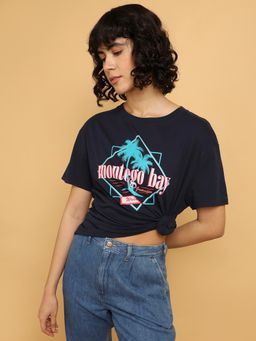 Wrangler - Women Printed Blue Crew Neck Loose Fit T-Shirt