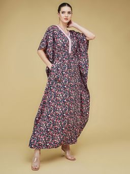 LIFE WITH POCKETS - Women's Navy Blue And Pink Printed Front Placket Maxi Kaftan Dress