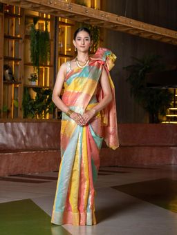 Beatitude - Multi-Coloured Blue Ethnic Motifs Organza Saree with Unstitched Blouse