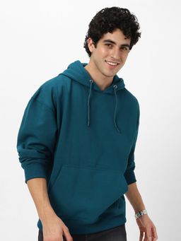 Urbano Fashion - Men'S Fog Teal Green Cotton Solid Oversized Hooded Neck Hoodie