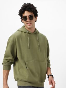 Urbano Fashion - Men'S Potent Olive Cotton Solid Oversized Hooded Neck Hoodie
