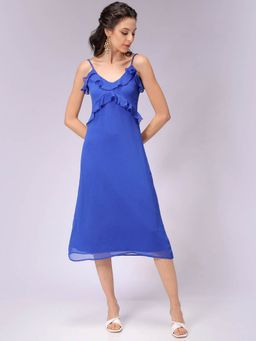 Freehand - Women Blue A-Line Solid Ruffle Dress
