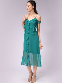 Freehand - Women Green A-Line Solid Ruffle Dress