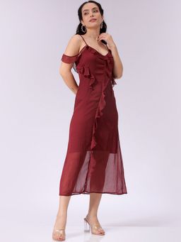 Freehand - Women Brown A-Line Solid Ruffle Dress