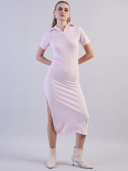 Freehand - Women Baby Pink Solid Long Polo Collar Dress