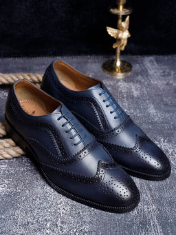 Louis Stitch - Italian Handmade Blue Textured Formal Brogue Shoes for Men