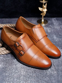 Louis Stitch - Italian Handmade Tan Textured Formal Monks Shoes for Men