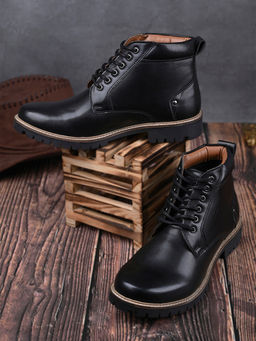 Louis Stitch - Mens Leatherette Black Derby Lace Up Boots
