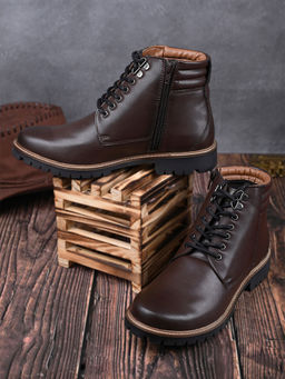 Louis Stitch - Mens Leatherette Brown Derby Lace Up Chain Boots