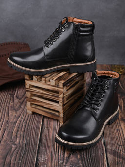 Louis Stitch - Mens Leatherette Black Derby Lace Up Chain Boots