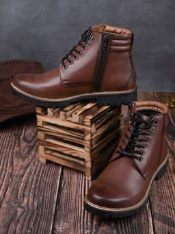 Louis Stitch - Mens Leatherette Tan Derby Lace Up Chain Boots