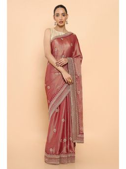 Soch - Women Maroon Chiffon Embroidered Saree with Unstitched Blouse