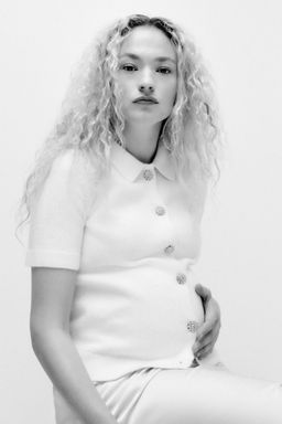 H&M - Women Beige MAMA Rhinestone-Button Cardigan