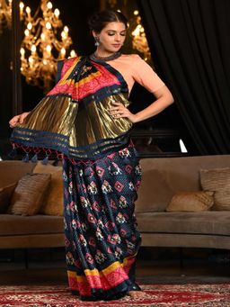 Beatitude - Multicolor Gajji Satin Silk Printed Saree with Unstitched Blouse