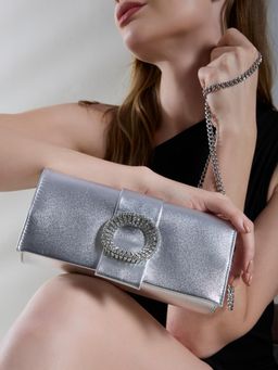 Inc.5 - Women Silver Clutch with Detachable Chain