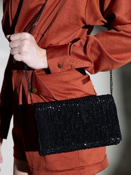 Inc.5 - Women Black Sequined Clutch with Detachable Chain