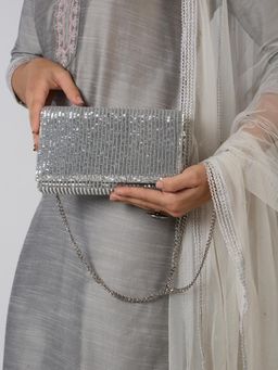 Inc.5 - Women Silver Sequined Clutch with Detachable Chain