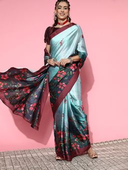 Akhilam - Womens Crepe Blue Digital Print Designer Saree with Unstitched Blouse