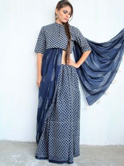 Chidiyaa - Blue Block Printed Cotton Mul Saree 7