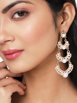 Yellow Chimes - Gold Plated Pearl Studded Dangler Earrings