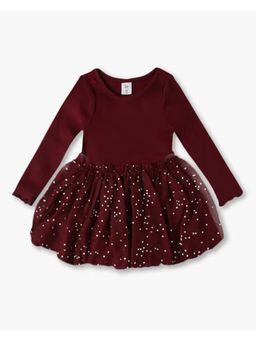 GAP - Girls Polka-Dots Embellished Round Neck Gathered Full Sleeve Tiered Dress - Maroon