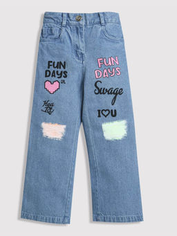 TINY GIRL - Denim Full Length Detailed with Colourful Print- Light Blue