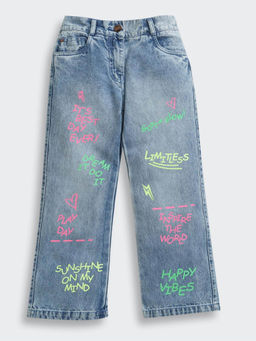 TINY GIRL - Denim Jeans Detailed with Typography- Light Blue