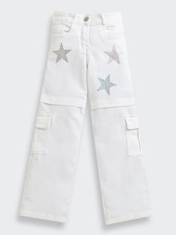 TINY GIRL - Cotton Jeans Detailed with Sliver Stars- Off White