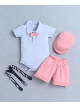 Bumzee - Sky Blue and Pink Bodysuit and Short With Applique Bow Suspender and Cap
