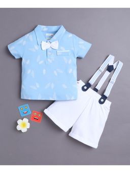 Bumzee - Sky Blue and White Polo T-shirt and Short With Applique Bow Suspender