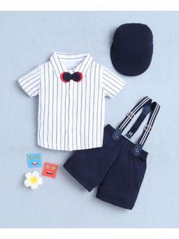 Bumzee - White and Navy Shirt and Short With Applique Bow Suspender and Cap