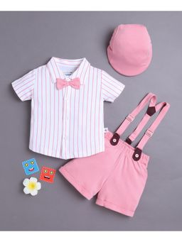 Bumzee - White and Pink Shirt and Short With Applique Bow Suspender and Cap