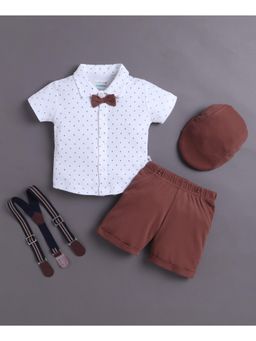 Bumzee - White and Brown Shirt and Short With Applique Bow Suspender and Cap
