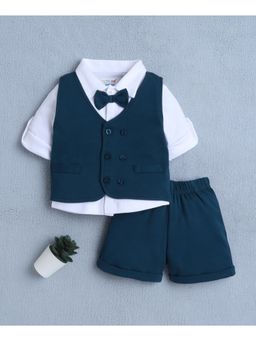 Bumzee - Teal and White Shirt Waistcoat and Short With Applique Bow