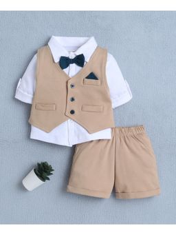 Bumzee - Beige and White Shirt Waistcoat and Short With Applique Bow