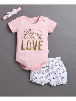 Bumzee - Pink and White Girls Half Sleeves Bodysuit and Short With Headband
