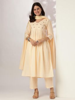 Janasya - Cream Pure Cotton A-Line Kurta With Pant & Dupatta