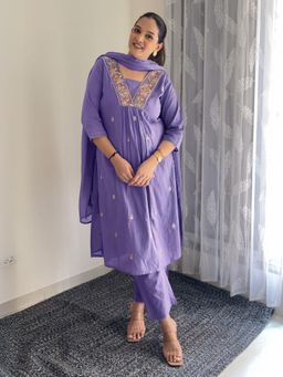 Janasya - Purple Pure Cotton A-Line Kurta With Pant & Dupatta