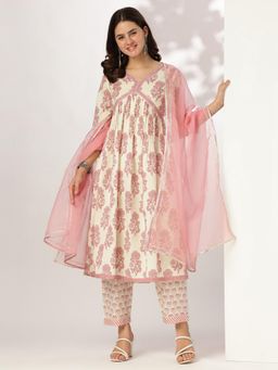 Janasya - Cream And Pink Pure Cotton Floral A-Line Kurta With Pant & Dupatta