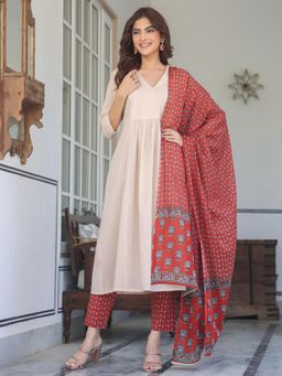 Janasya - Beige Pure Cotton Floral A-Line Kurta With Pant & Dupatta