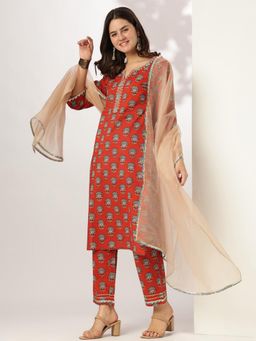 Janasya - Red Pure Cotton Floral Straight Kurta With Pant 7 Dupatta