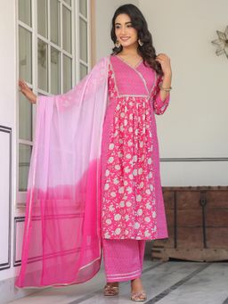 Janasya - Pink Pure Cotton Floral A-Line Kurta With Pant & Dupatta