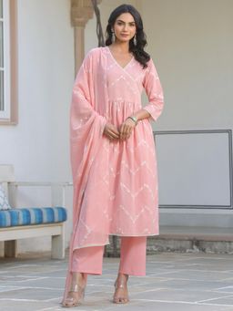 Janasya - Peach Pure Cotton A-Line Kurta With Pant & Dupatta
