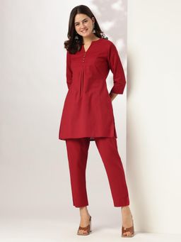 Janasya - Maroon Cotton Solid Co-Ord Set