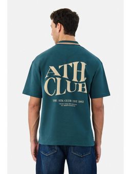 Snitch - Teal Text Printed Half Sleeves Oversized Casual Polo T-shirt