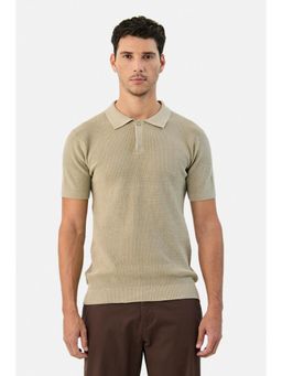 Snitch - Beige Textured Half Sleeves Regular Casual Polo T-shirt