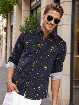 Bene Kleed - Men Navy Blue and Yellow Abstract Printed Shirt