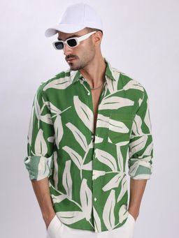 Bene Kleed - Men Green and White Printed Linen Shirt
