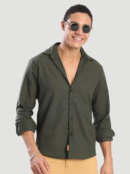 Bene Kleed - Men Olive Solid Cotton Linen Regular Fit Shirt